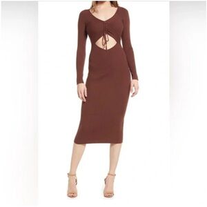 NWOT All in Favor Gathered Front Cutout Long Sleeve Midi Dress - Coffee Color